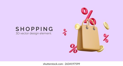 Shopping Sale 3D Render with Discount Symbols and Coins. Perfect for E-Commerce, Marketing, and Promotion Themes with Modern Color Scheme. Isolated Object on Pastel Background. Vector Illustration