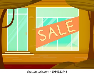 shopping sale background. Cartoon style. Retail store window with sale sign. Vector illustration.