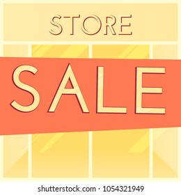 shopping sale background. Cartoon style. Retail store window with sale sign. Vector illustration.