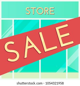 shopping sale background. Cartoon style. Retail store window with sale sign. Vector illustration.