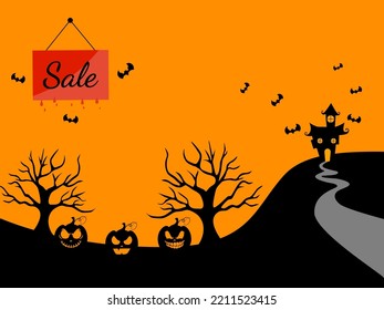 ้Halloween shopping sale background. Halloween background with silhouette pumpkin, bat, tree or castle. illustration about Halloween's day