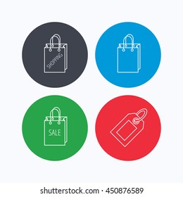 Shopping, sale bag and sale tag coupon icons. Special offer linear signs. Linear icons on colored buttons. Flat web symbols. Vector