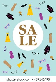 Shopping Sale banner design with typographic and woman clothes around. vector illustration. Gold letters on the fashion items pattern.
