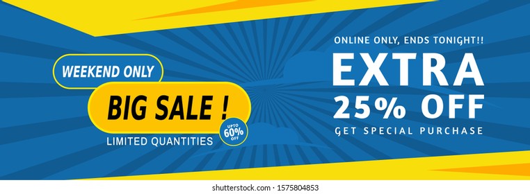 Shopping sale banner on blue background. Header banner template design for web promotion, flyer, brohure. Modern vector design, creative concept