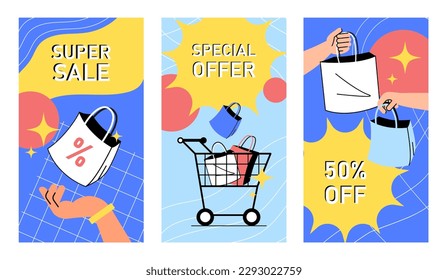 Banners de compras o de venta. Colección de afiches con descuentos y promociones. Bolsas de compras y tranvía. Oferta especial y premios. Ilustraciones de caricaturas de vectores planos aisladas en fondo blanco