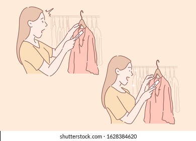 Shopping, sale, buyer set concept. Happy woman saw dress on sale and amazed at it. Young girl buyer is surpised by expensive price on clothing. Female is in clothing shop. Simple flat vector.