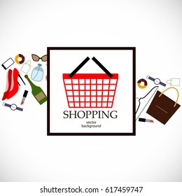 Shopping, sale, shopping cart, postcard, vector, products, business background, icons, abstraction