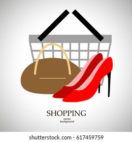 Shopping, sale, shopping cart, postcard, vector, products, business background, icons, abstraction