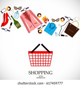 Shopping, sale, shopping cart, postcard, vector, products, business background, icons, abstraction