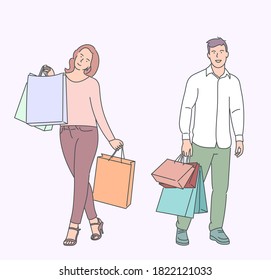 Shopping, sale, choice, store, buy concept. Young man woman husband wife boyfriend girlfriend characters carrying a shopping bag. Joy for buying sale goods, discounts.