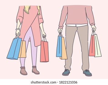 Shopping, sale, choice, store, buy concept. Young couple carrying a shopping bag. Hand drawn thin line style, vector illustrations.