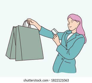 Shopping, sale, choice, store, buy concept. Beautiful girl is carrying a shopping bag and smiling happily, she spends via credit card. Hand drawn in thin line style, vector illustrations.