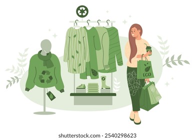 Compras, venta de ropa en tienda ecológica. Moda sostenible. Chica con café y paquetes cerca de rack con ropa hecha de material reciclado y maniquí en suéter. Ilustración vectorial