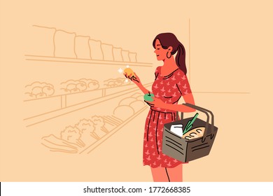 Shopping, sale, coice, store, buy concept. Young woman buyer consumer customer character choosing food products in grocery shop supermarket holding fruits in hand. Daily life recreation illustration.
