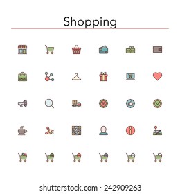 Shopping and sale colored line Icons set. Vector illustration.