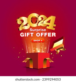 Shopping sale concept with 2024 surprise Gift offer text. 3d open Gift box and 2024 number design.