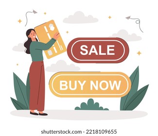 Shopping sale concept. Woman with card stands next to two large inscriptions. Promotions and special offers, discounts and bonuses. Loyalty program and cashback. Cartoon flat vector illustration