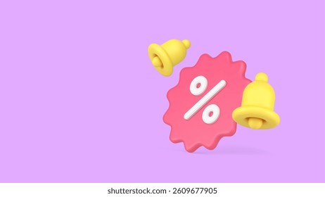 Shopping sale discount announcement ring bell reminder notification banner copy space vector illustration. Shop store price off special offer cost reduction money savings percentage tag