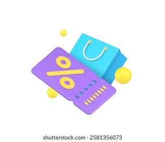 Shopping sale discount buying goods special offer 3d icon realistic vector illustration. Shop store market supermarket financial retail clearance price off commercial money saving percentage tag