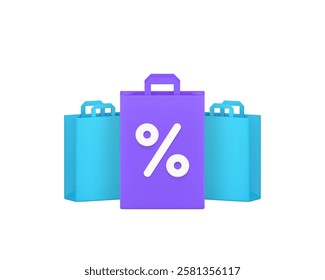 Shopping sale discount clearance special offer shop store bag percentage 3d icon realistic vector illustration. Market supermarket marketplace price off money savings Black Friday retail merchandise