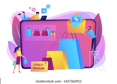 Shopping sale. Discount offer. Loyalty program. Customer attraction marketing. Sales promotion, creative retail promotion, boost your sales concept. Bright vibrant violet vector isolated illustration