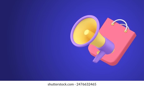 Shopping sale discount promo marketing announcement megaphone realistic 3d icon vector illustration. Commercial clearance goods order advertise broadcasting. Black friday warning alert loudspeaker