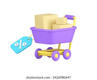 Shopping sale discount trolley with cardboard box and percent tag 3d icon realistic vector illustration. Shop store supermarket basket commercial clearance price off Black Friday special offer