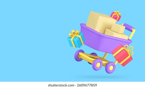 Shopping sale discount trolley with cardboard box and gift banner copy space vector illustration. Shop store market supermarket marketplace internet order special offer loyalty price off