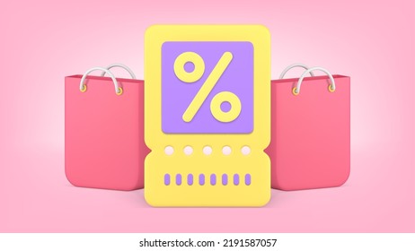Shopping sale discount voucher buying special offer percentage price off realistic 3d icon vector illustration. Goods purchase pack bag business commercial marketing clearance black friday coupon tag