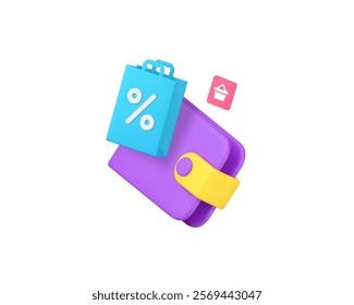 Shopping sale discount wallet payment with cart order 3d icon realistic vector illustration. Store shop supermarket cash paying buy goods purchase commercial business retail financial pay transaction