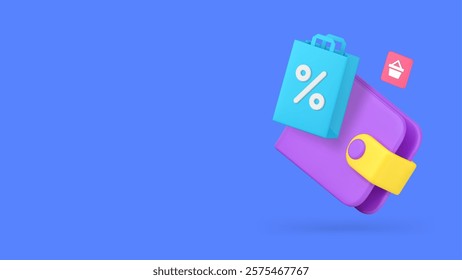 Shopping sale discount wallet payment with cart order banner copy space vector illustration. Store shop supermarket cash paying buy goods purchase commercial business retail financial pay transaction