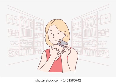 Shopping, sale, discounts concept. Young beautiful happy woman ready to buy in a boutique or shop. Cute business girl promotes ladies, offers banking servis. Simple flat vector.