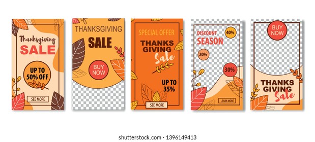 Shopping Sale Discounts Set for Happy Thanksgiving Holiday. Price Promotion Collection. Seasonal Great Offer Advertisement. Vector Illustration in Flat Autumn Style with Plants Leaves and Copy Space