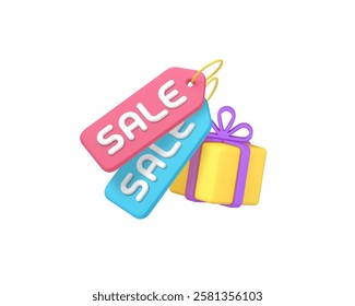 Shopping sale gift box with tag retail discount special offer 3d icon realistic vector illustration. Shop store market clearance price off buying goods saving money merchandise retail consumerism