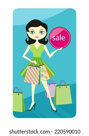 Shopping sale girl woman showing shopping bag with sale written on lable. Beautiful smiling woman showing red shopping tag flat design cartoon style