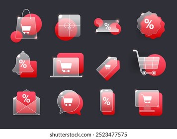 Shopping and sale glass morphism icon set on dark background. Vector elements