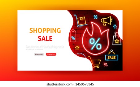 Shopping Sale Neon Landing Page. Vector Illustration of Shop Promotion.