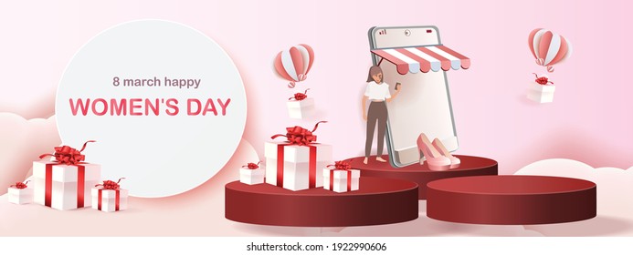 shopping sale on 8 march Happy Women's Day illustration. Paper art pink red backgroung flower and heart 