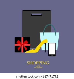 Shopping, sale, paper package, postcard, vector, products, business background, abstraction