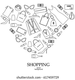 Shopping, sale, postcard, vector, products, business background, icons, abstraction