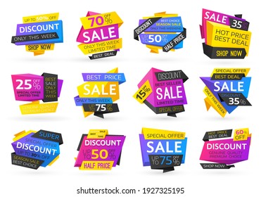 Shopping sale and price discounts offer badges. Seasonal sale price off, best deal and hot discounts, shop now, limited time offer and premium choice advertising sings, promotion bubbles icon vector