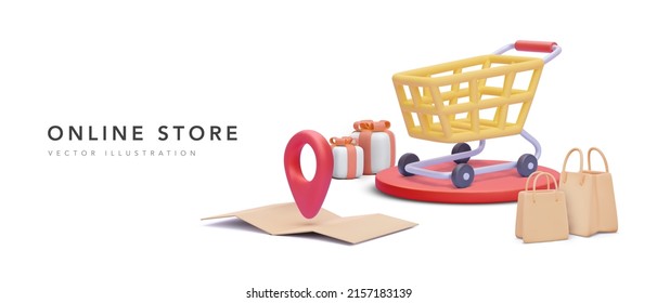 Shopping sale promotion banner with 3d realistic cart on platform and gifts, shopping bags, map with pointer isolated on white background. Vector illustration