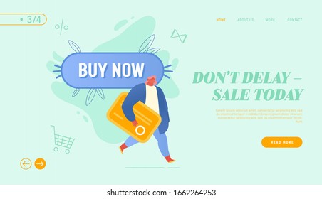 Shopping Sale, Promotion Offer in Store Website Landing Page. Woman with Credit Card Passing Buy Now Button. Cashless Transfer Money Banking System Web Page Banner. Cartoon Flat Vector Illustration