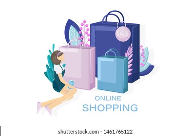 Shopping sale promotion vector flat style. Advertise banners or brochure poster. Woman shopping ads. Trendy color