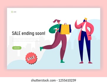 Shopping Sale Rush Hour Landing Page. Woman Running with Bags to Buy Last Discount Goods. Shopaholic Concept for Website or Web Page. Flat Cartoon Vector Illustration