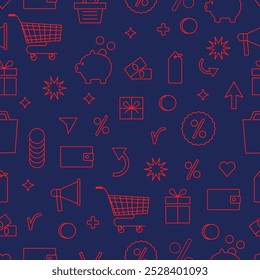Shopping Sale Seamless Pattern. Red Elements on blue Background. Wallpaper with Gift Box, Tag, Bags, Megaphone and Percentage. 