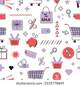 Shopping Sale Seamless Pattern. Red and lilac Elements on white Background. Wallpaper with Gift Box, Tag, Bags, Megaphone and Percentage.