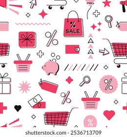 Shopping Sale Seamless Pattern. Red and pink Elements on white Background. Wallpaper with Gift Box, Tag, Bags, Megaphone and Percentage.
