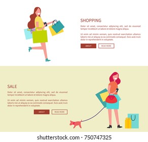 Shopping and sale set of designed web pages with buttons about and read more, sample text above them and women with bags vector illustration