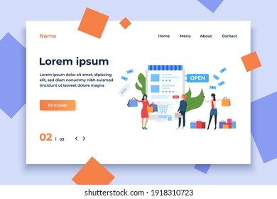 Shopping sale slide presentation. Three girls standing before supermarket.Vector illustration can be used for topics like sale, shopping, promotion